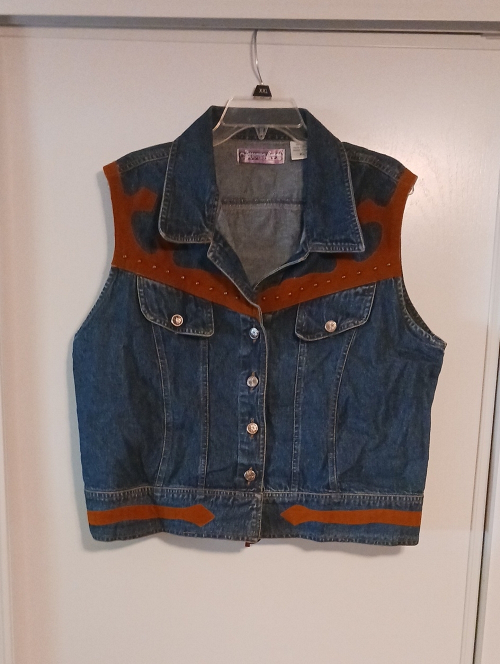 Sleeveless Denim Vest with Brown Suede Trim